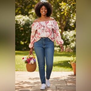 White House Black Market Pink Rose Floral Off The Shoulder Blouse Size Medium